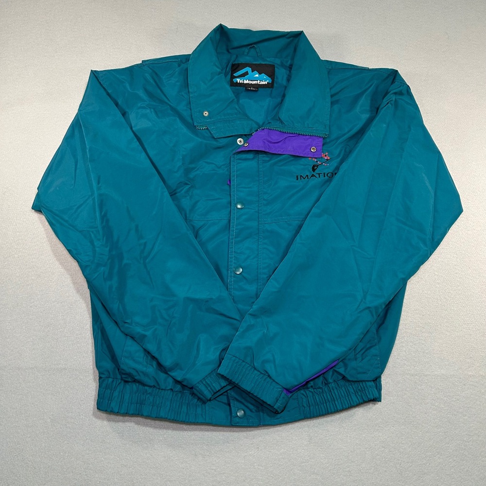 Vintage Tri-Mountain Windbreaker Jacket Mens Large Teal Imation Logo Nylon Retro